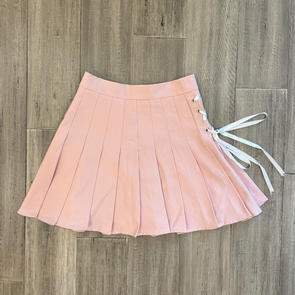 Yesstyle Lace Up and Zip Up Pleated A-Line Skirt with Built In Shorts
